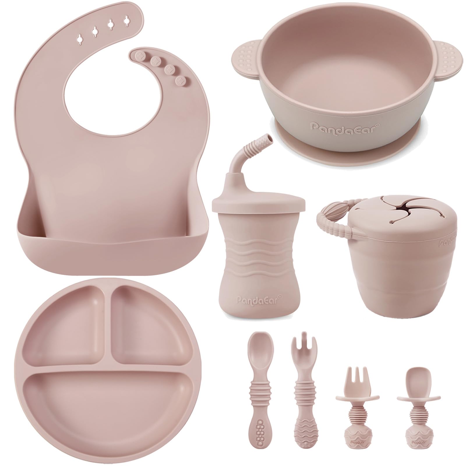 PandaEar Conjunto de alimentação infantil em silicone | 9 peças para desmame guiado pelo bebê e autoalimentação | prato dividido com sucção, tigela, babadores, copo de transição com canudo, recipiente