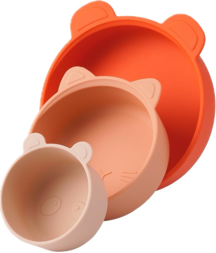 Kit De Prato E Tigelas De Silicone Bebê/Infantil, 3 Peças (Vermelho, Salmão e Areia)