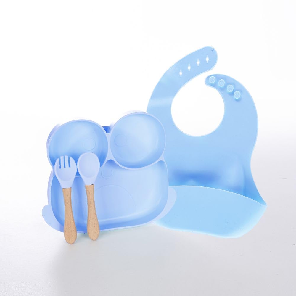 Kit 4 Peças De Introdução Alimentar Infantil Autoalimentação Silicone Com Ventosa Desmame Termossensível Ergônomico Prato Talher Babador Transição Treinamento (Azul)