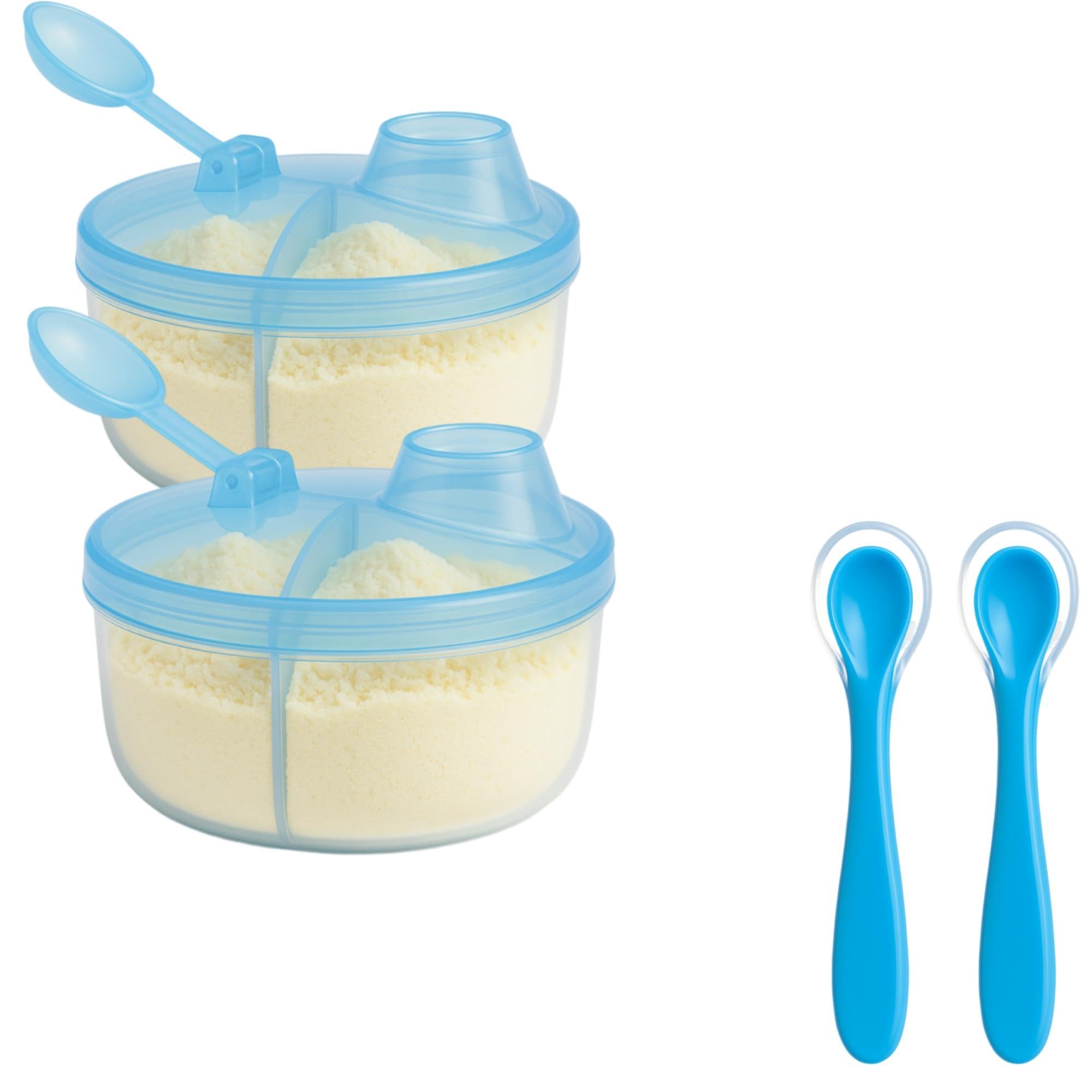 Kit 2 Pote de Leite em Pó para Bebê + 2 Colheres Ponta de Silicone, introdução alimentar, condimento para levar na bolsa Pote com 3 Divisorias de 50ml (Azul Bebê)