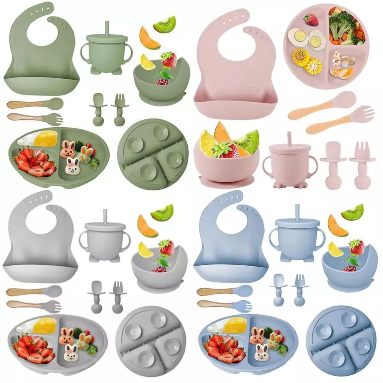 Conjunto de Alimentação para Bebê em Silicone, 8 Peças, Prato com Ventosa 3 Compartimentos, Tigela, Babador, Talheres, Seguro para Lava-Louças e Micro-ondas, cores aleatorias.
