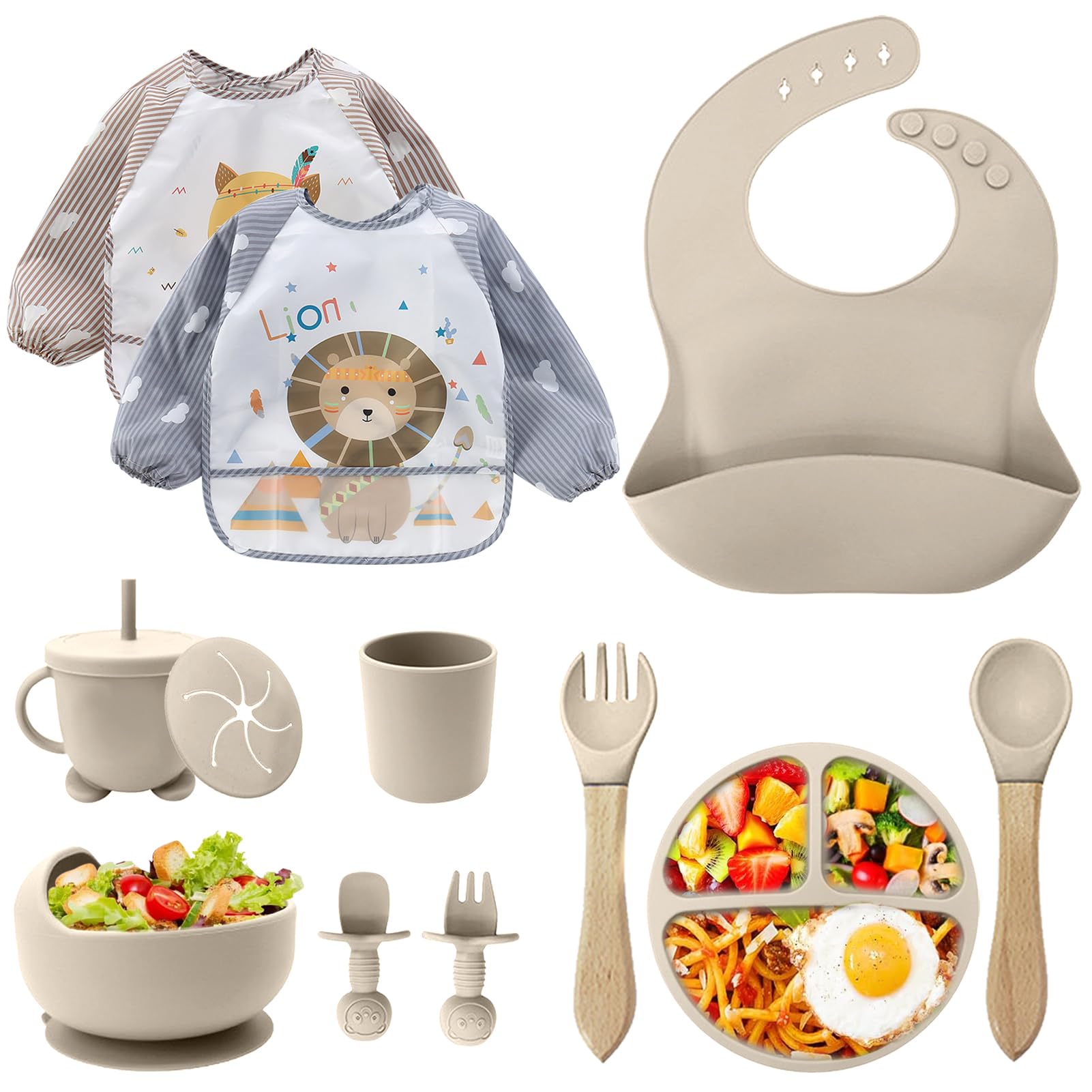 Conjunto de alimentação de silicone para bebês, conjunto de alimentação infantil, 12 peças, tigela de sucção e prato de bebê, babador de silicone, colher, garfo e copo de bico, conjunto de desmame sem