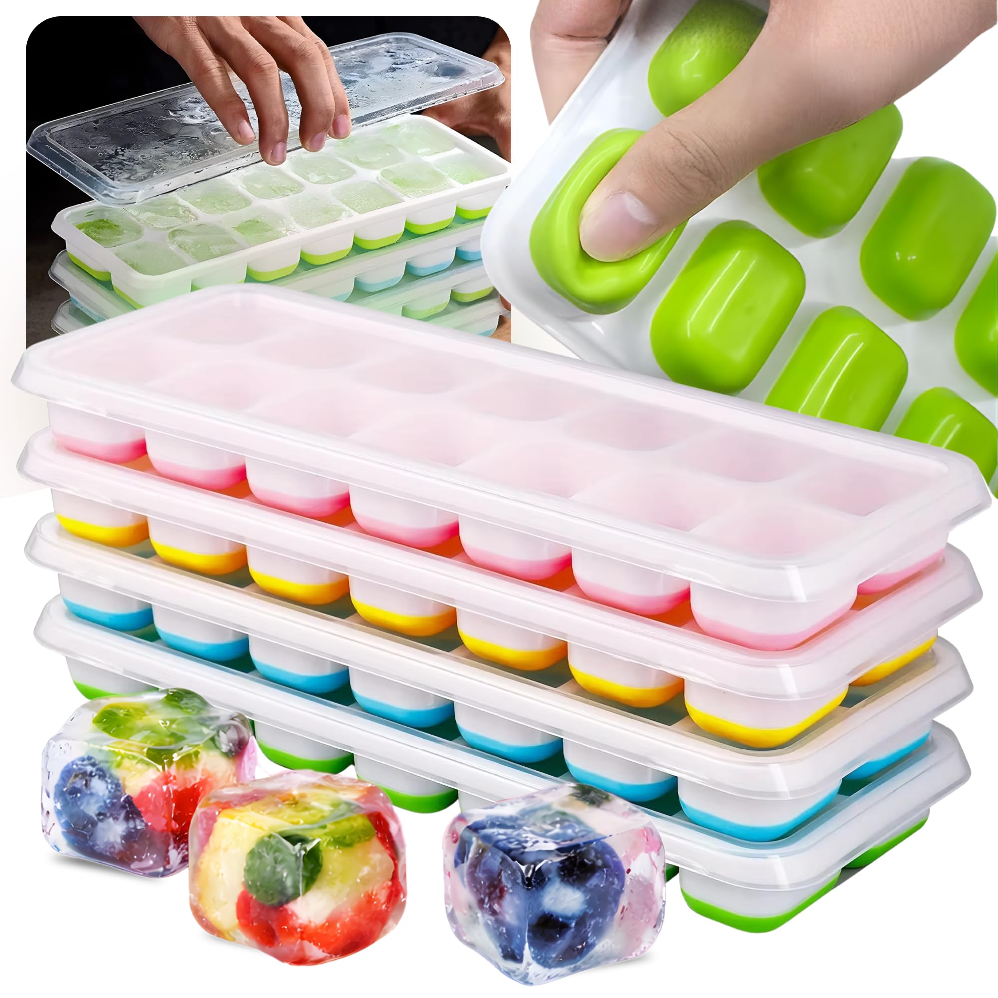 Kit 4 Formas De Gelo Silicone Tampa 14 Cubos Bebê Comida Gelos Para Drinks Fundo Flexível Bpa Free (1)