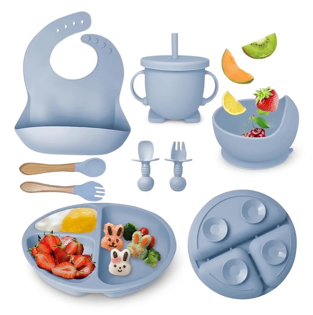 Kit Introdução Alimentar Bebê Completo em Silicone sem BPA, 8 peças, Prato com ventosa + Bowl + Babador + Copo com tampa e canudo + 2 garfos + 2 colheres, Silicone Antitóxico Premium. (azul)