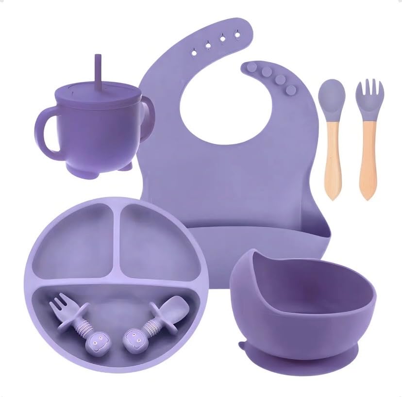 Kit Introdução Alimentar Bebê Completo em Silicone sem BPA, 8 peças, Prato com ventosa + Bowl + Babador + Copo com tampa e canudo + 2 garfos + 2 colheres, Silicone Antitóxico Premium. (roxo)