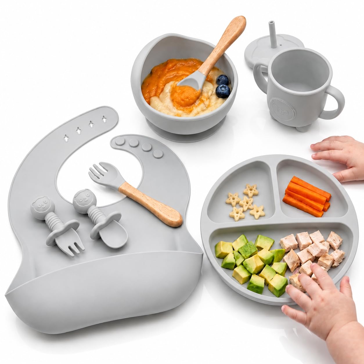 Kit Introdução Alimentar Bebê BLW 8 Peças - Inclui Prato e Bowl com ventosa, Babador, Copo Tampa e Canudo, 2 Talheres Silicone, 2 Talheres Ponta Silicone Cabo Madeira - Atóxico - Premium. (Cinza)