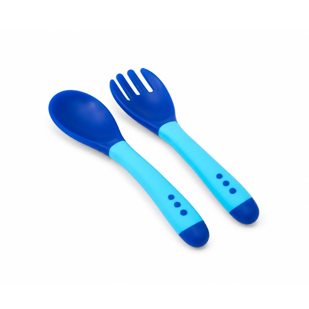 Kit Colher e Garfo Silicone Termossensível para Bebê Muda de Cor com Calor Acima de 40°C Livre BPA Macio Flexível Introdução Alimentar BLW Seguro Ergonômico Infantil 2 Peças Azul