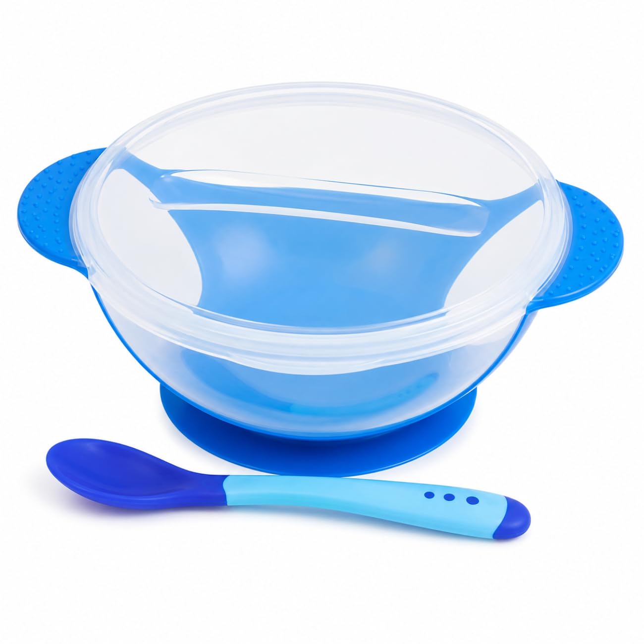 Prato Infantil Com Ventosa e Tampa + Colher Silicone Azul | Kit Alimentação Bebê, Tigela Antiderrapante, Sucção Forte, Introdução Alimentar BLW, Livre de BPA