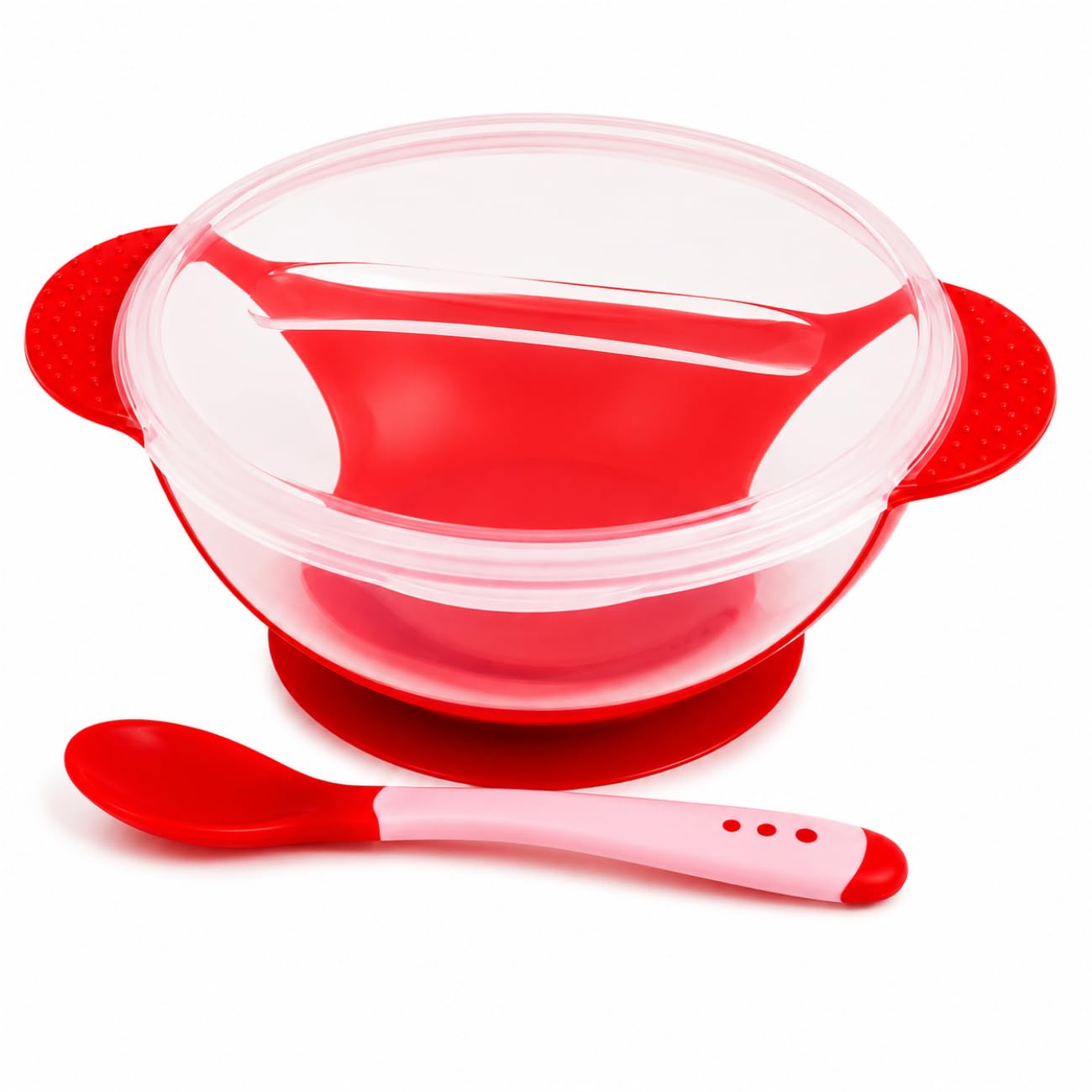 Prato Infantil Com Ventosa e Tampa + Colher Silicone Kit Alimentação Bebê Tigela Antiderrapante Com Sucção Forte Para Introdução Alimentar BLW Vermelho Livre de BPA (Vermelho)