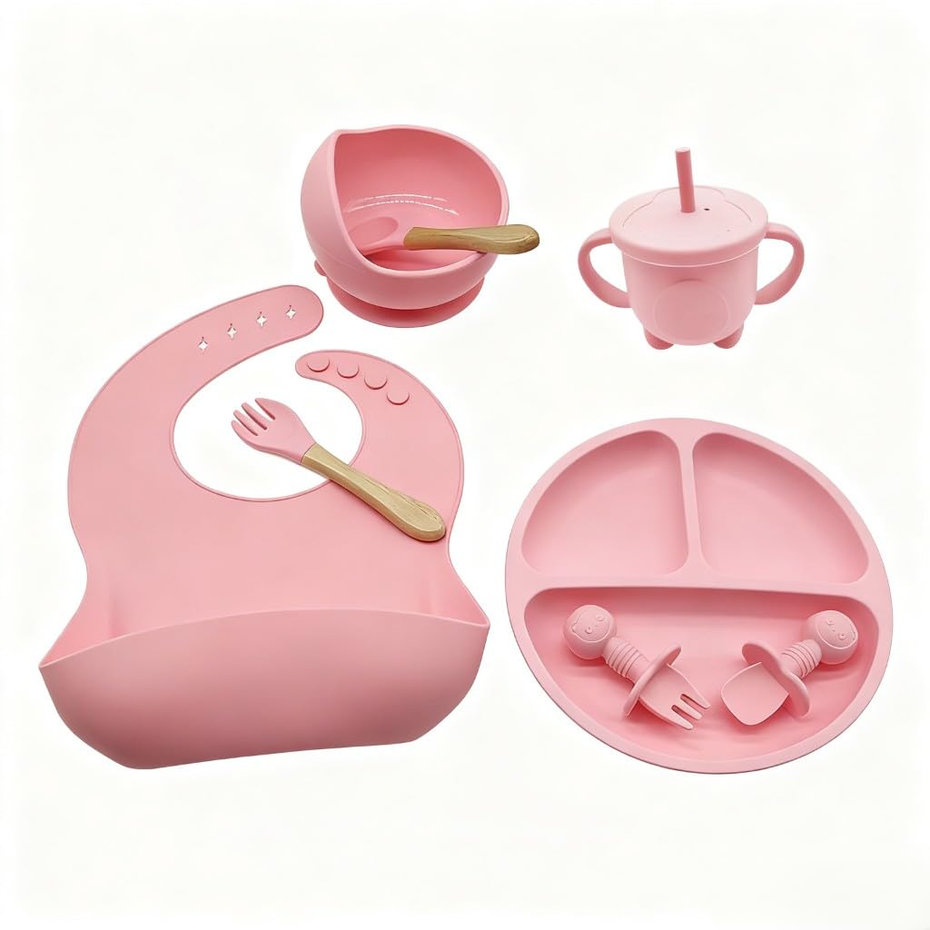 Jogo Jantar Infantil Silicone 8 Peças Com Ventosa Prato Bebê - Babador Pega Comida Conjunto Talheres Criança for Alimentação Complementar
