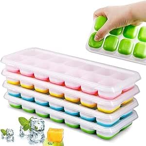 Kit 4 Formas Premium de Gelo com Tampa Silicone Flexível Multiuso Papinha Bebê Drinks Whisky Frutas Molhos Antiodor Livre BPA Freezer Desenforma Fácil Cozinha Organizada Reutilizável Durável