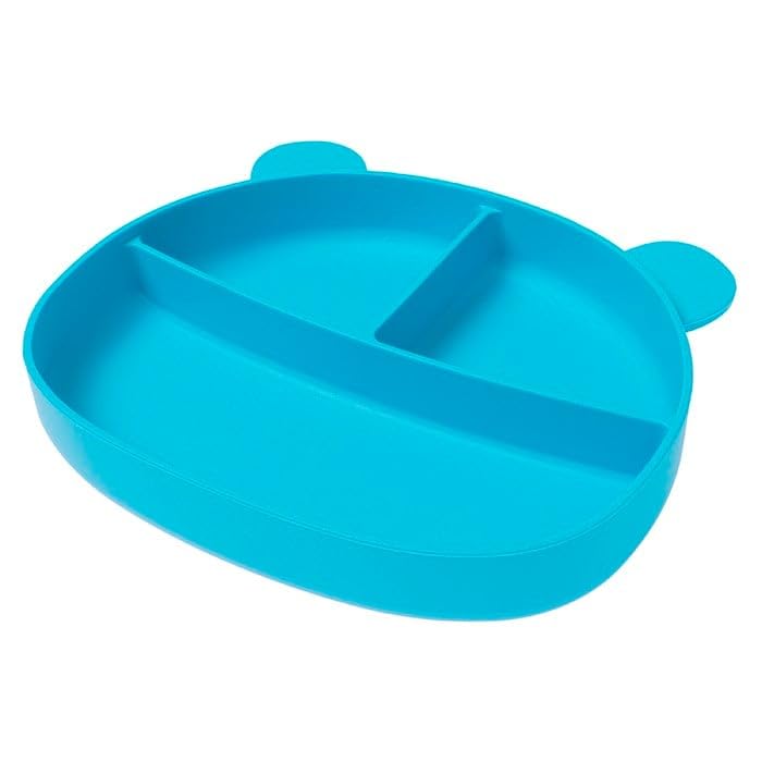 Prato Infantil de Silicone Azul com Ventosa e 3 Divisórias | Livre de BPA, Introdução Alimentar, Design com Orelhinhas, Antiderrapante, Para Bebês