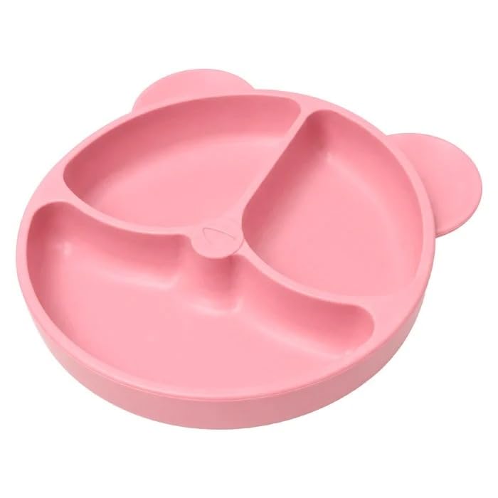 Prato Silicone Infantil Urso com Ventosa 3 Divisórias 20x20cm - (Rosa) | Prato Silicone Infantil Urso com Ventosa 3 Divisórias