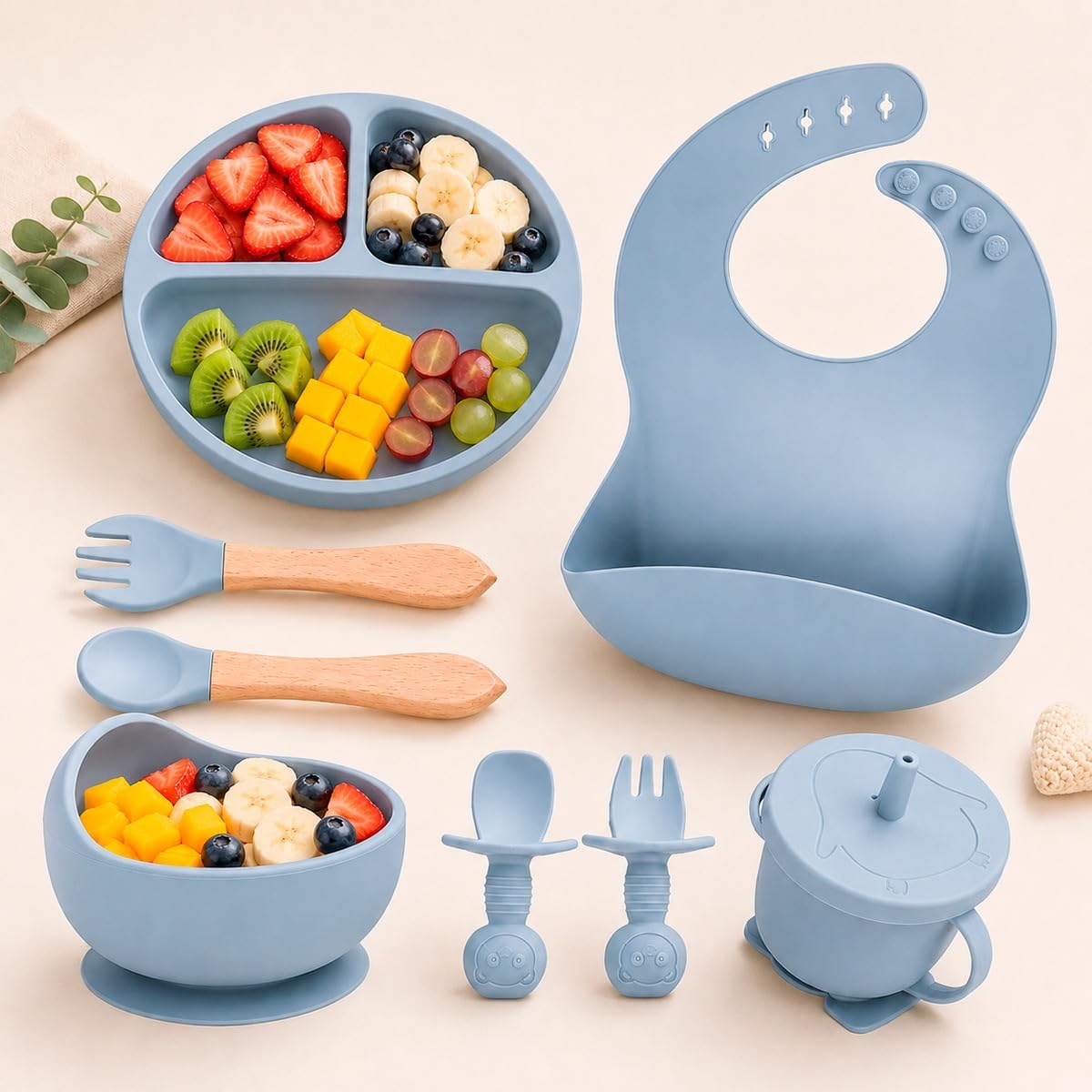 Kit Alimentação Infantil Silicone 8 peças Azul | Com ventosa, Prato, tigela, copo, Babador, colher e garfo, Livre de BPA, Introdução Alimentar