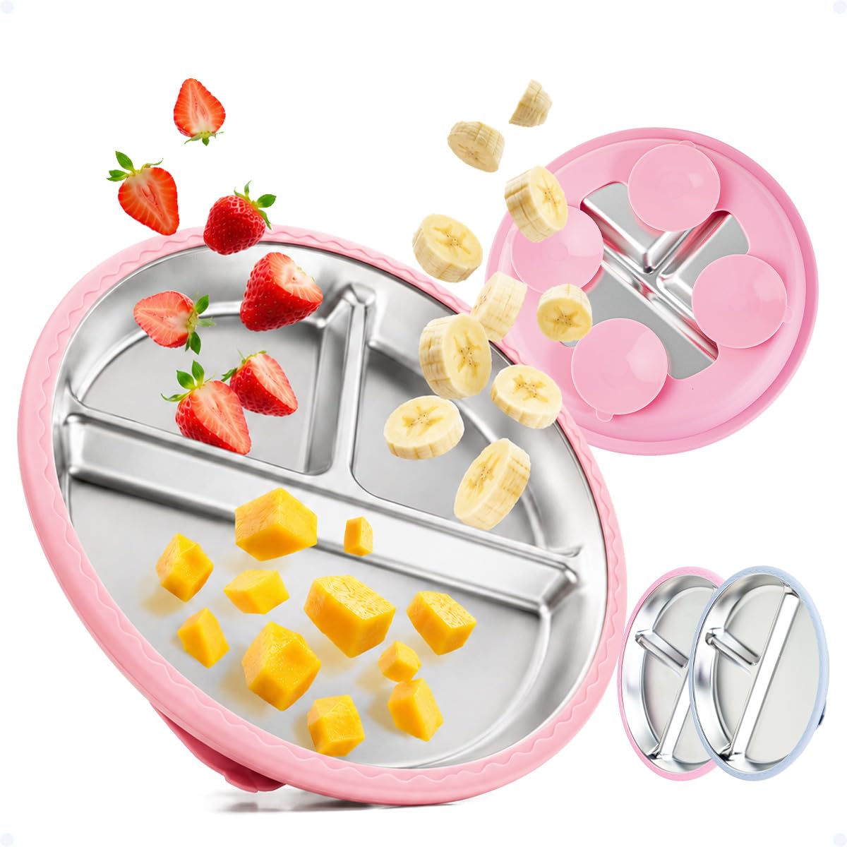 Prato Infantil Alimentação Bebê Antiderrapante com Ventosa e 3 Divisórias em Aço Inoxidável e Silicone Livre de Bpa Pratinho Introdução Alimentar Antiderrapante CARTIZZE (Rosa)
