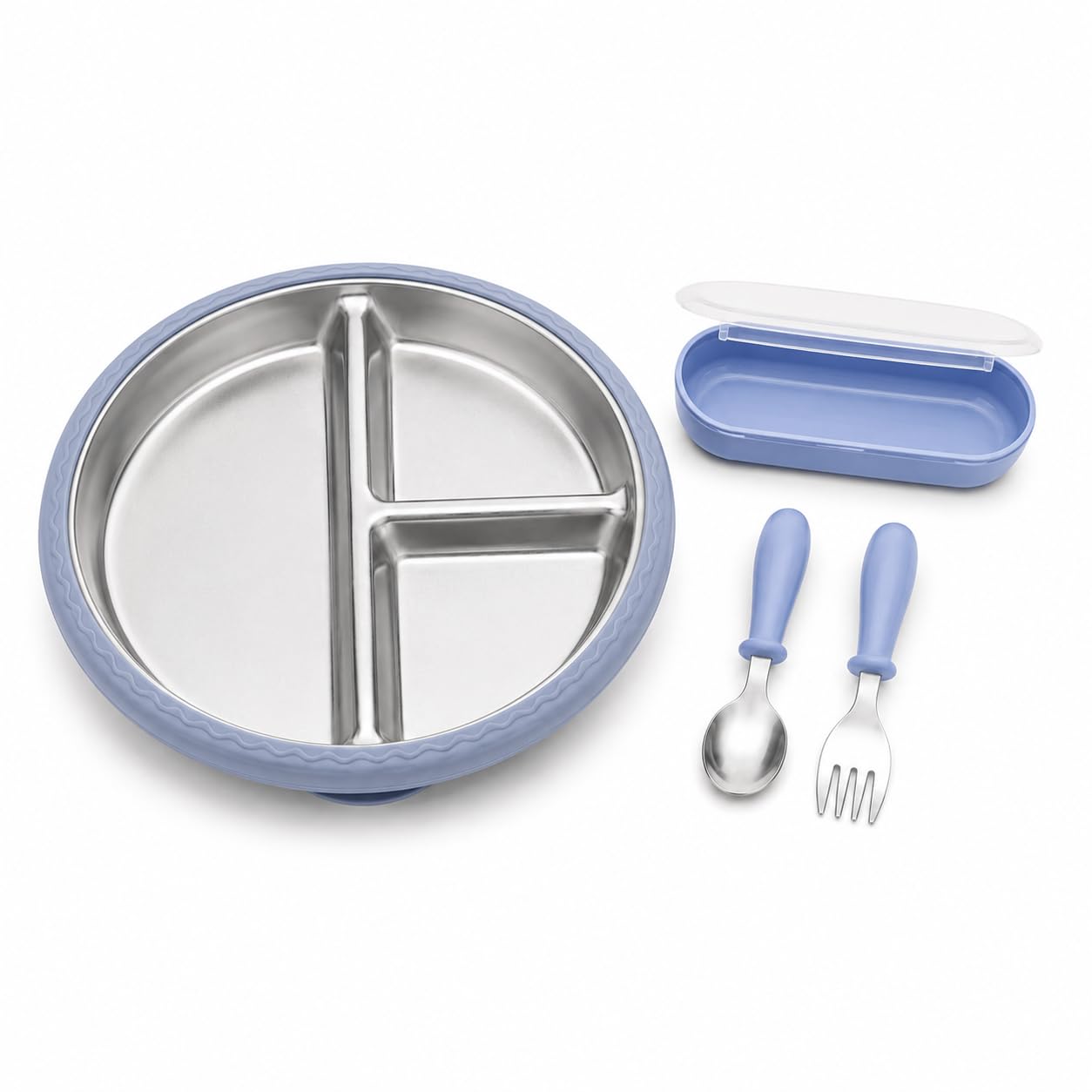 Conjunto Prato Infantil com Ventosa em Aço Inox 304 e Silicone Com Talheres Infantil, 3 Divisórias, Base com 4 Pontos de Sucção, Prato para Bebê, Prato + Talheres Azul