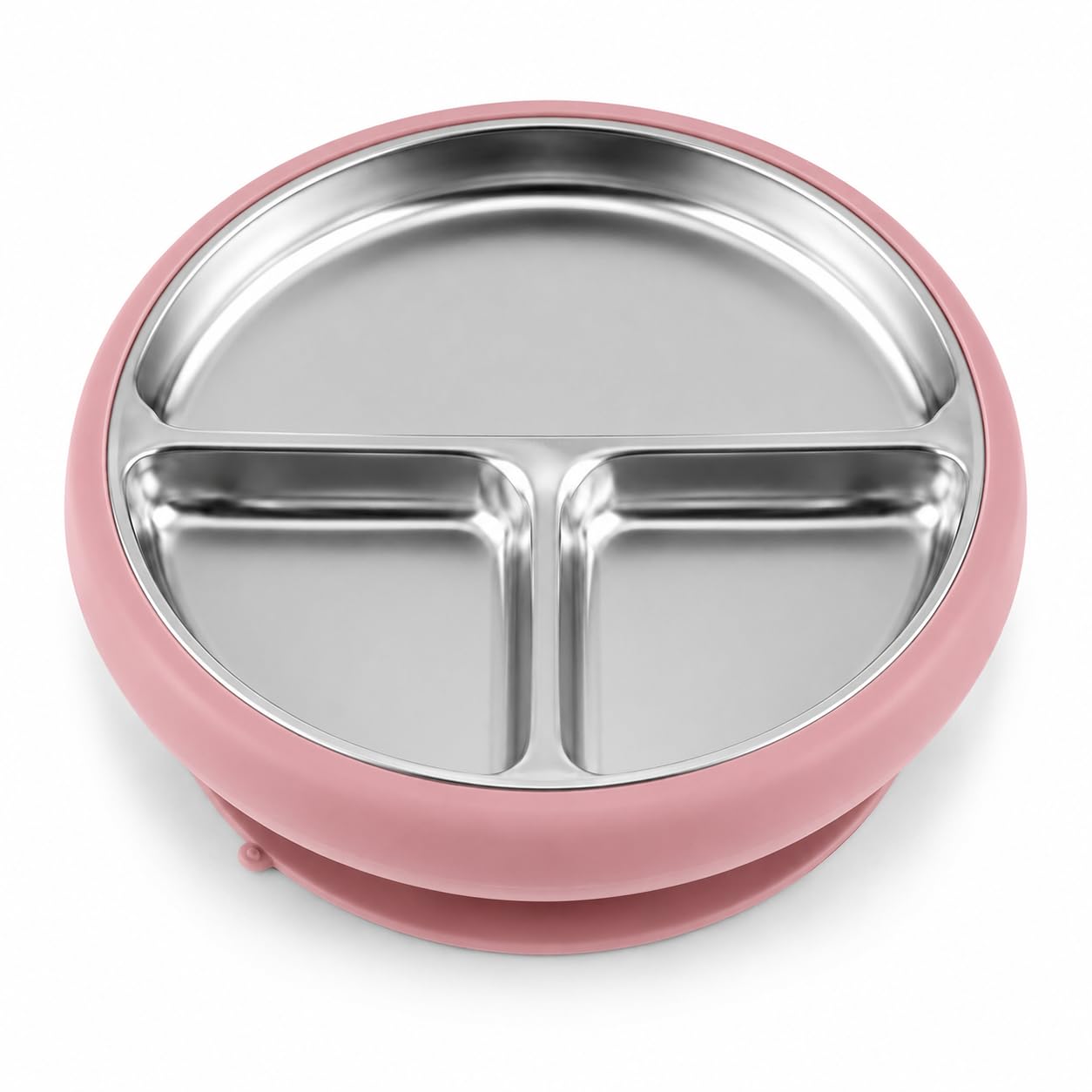 Prato Infantil Inox com Ventosa e 3 Divisórias para Bebê - Rosa | Pratinho para Introdução Alimentar com Base de Ventosa, 3 Compartimentos e Interior Resistente em Aço Inox