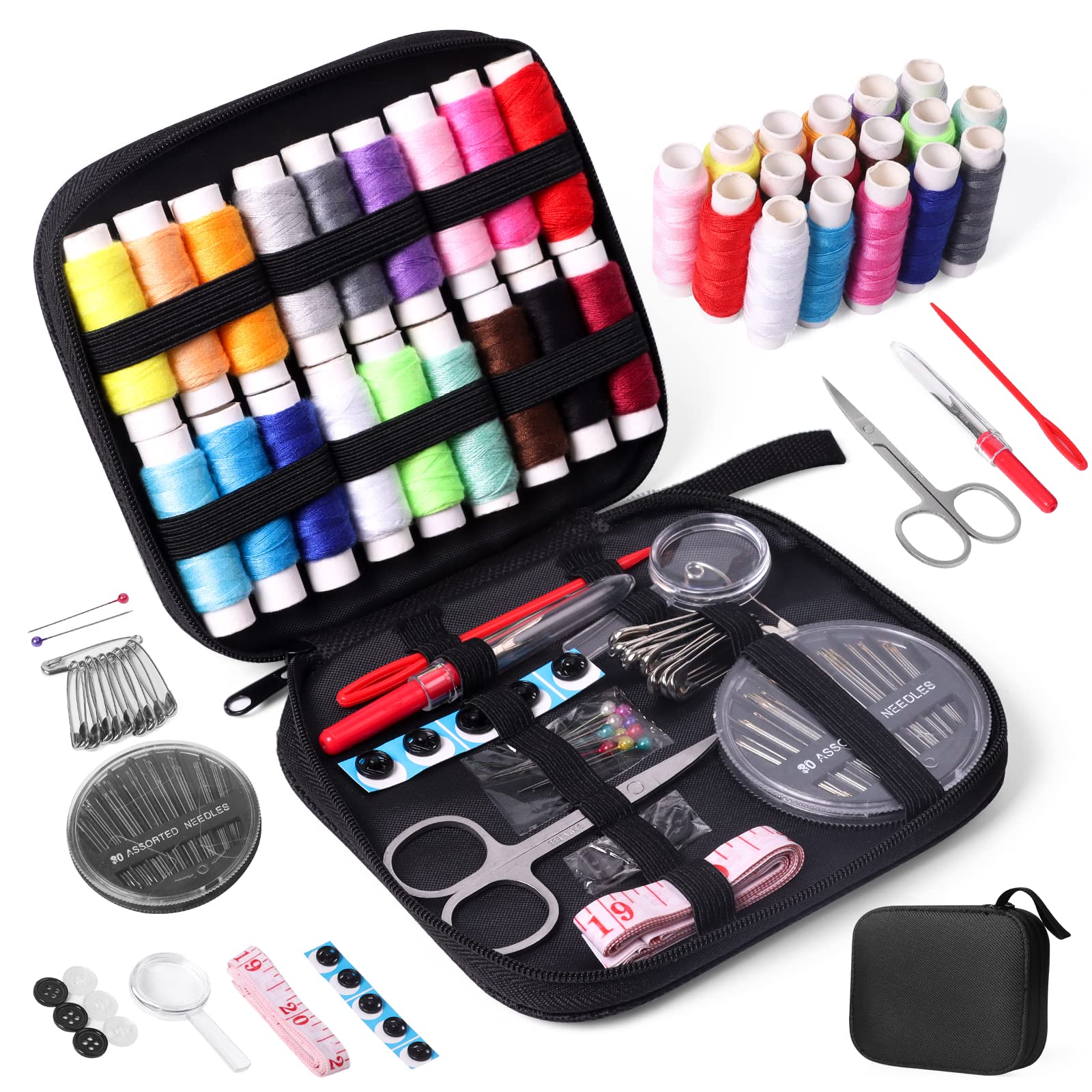 Kit de costura JUNING com estojo, suprimentos de costura portáteis para viajantes domésticos, adultos, iniciantes, emergência, crianças contém linha, tesoura, agulhas, medida, etc.