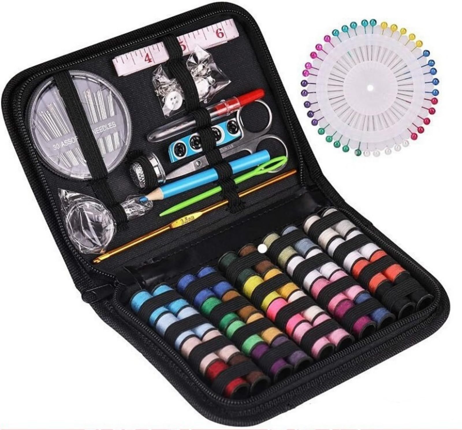 Kit de costura 128 peças com estojo, suprimentos de costura portátil para viajantes domésticos, adultos, iniciantes, emergências, contém linha, tesoura, agulhas, fita métrica