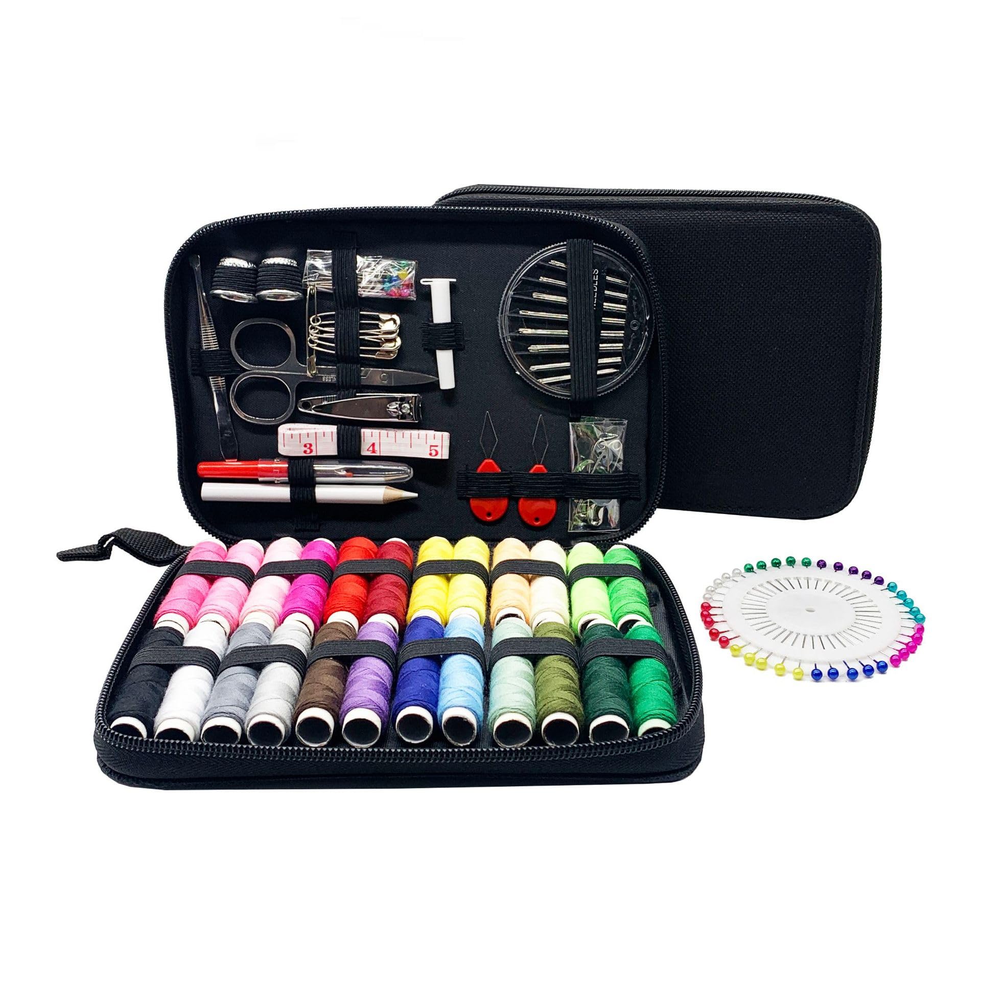 Kit de costura 130 peças com estojo, suprimentos de costura portátil para viajantes em casa, adultos, iniciantes, emergências, contém linha, tesoura, agulhas, fita métrica
