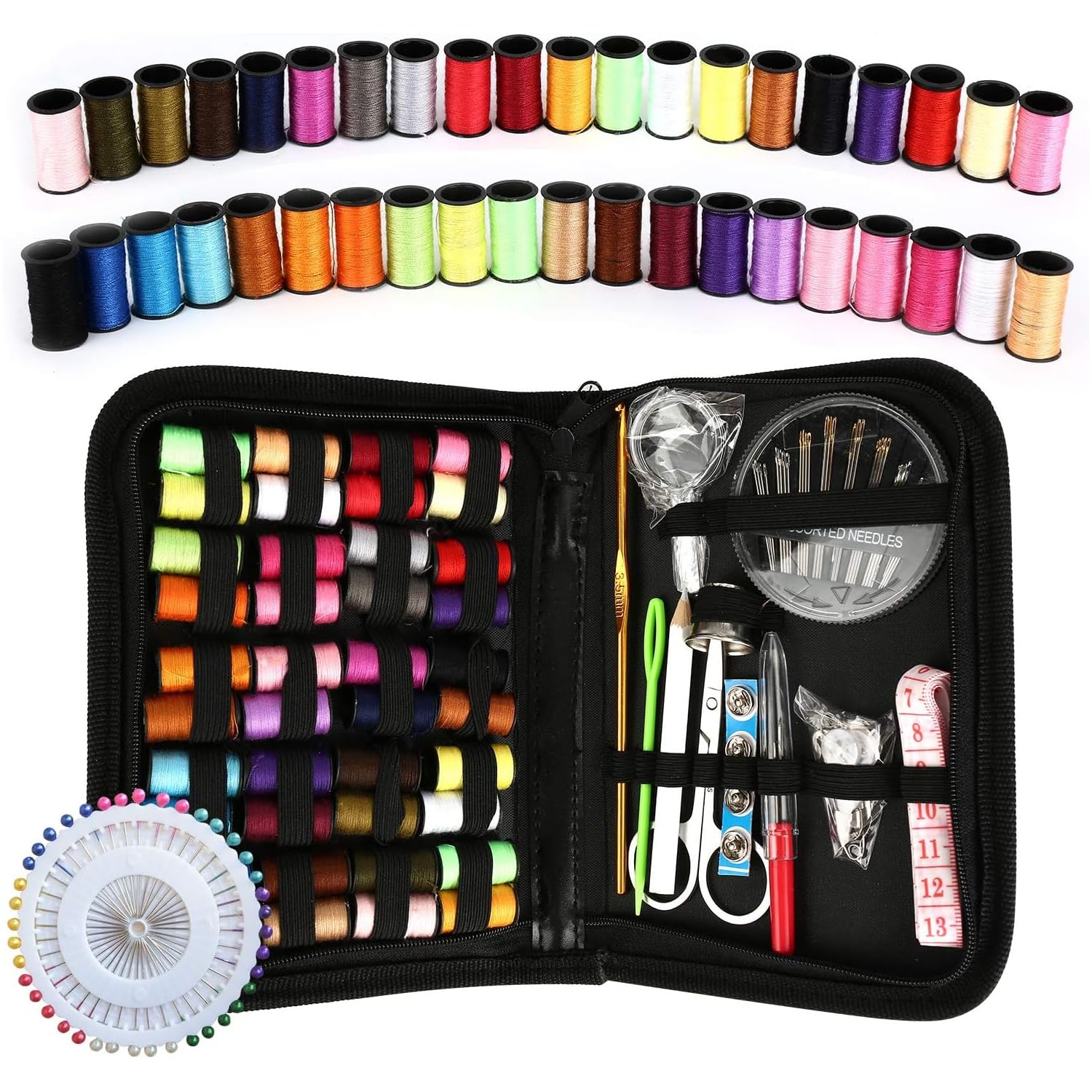 ALTOMEX Kit de Costura Portátil Completo, 128 Peças, Estojo Preto com Linhas Coloridas, Agulhas, Tesoura, Acessórios para Reparo e Costura