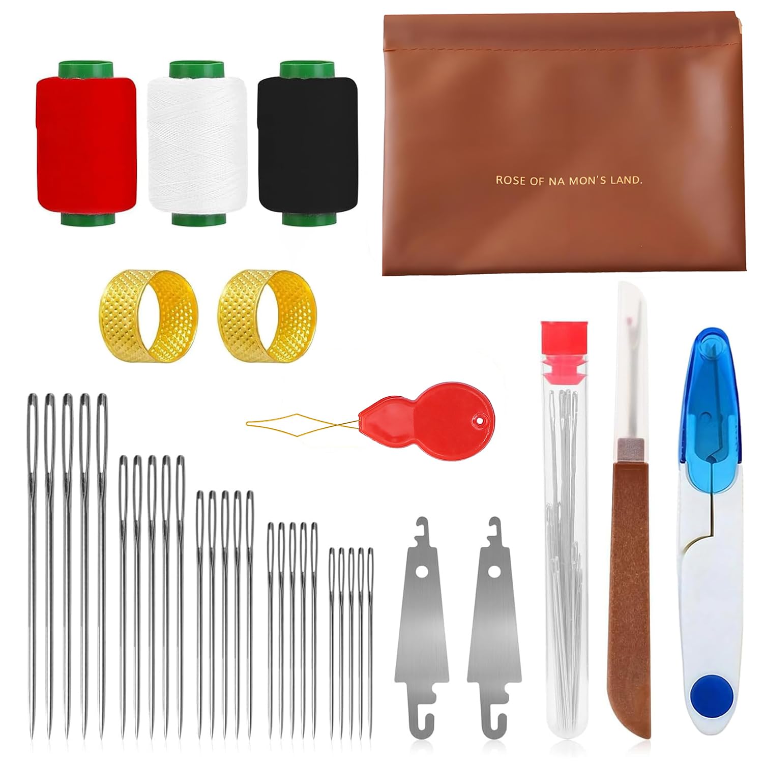 Kit de Agulhas de Costura Big Eye Em Aço | Kit de Costura Manual Completo para Adultos com Agulhas de Aço Inoxidável, Passador de Linha, Carretéis de Linha e Portátil | Materiais de Costura