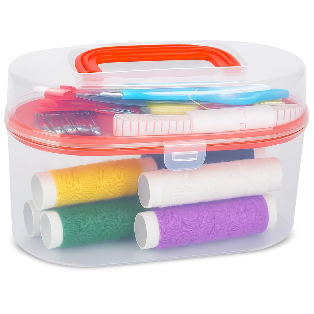 Kit de Costura Completo Portátil com Agulhas, Linhas, Tesoura, Fita Métrica, Botões e Acessórios, Estojo Organizador em Plástico Resistente para Reparos Rápidos, Uso Doméstico, Viagem, Emergências e Iniciantes