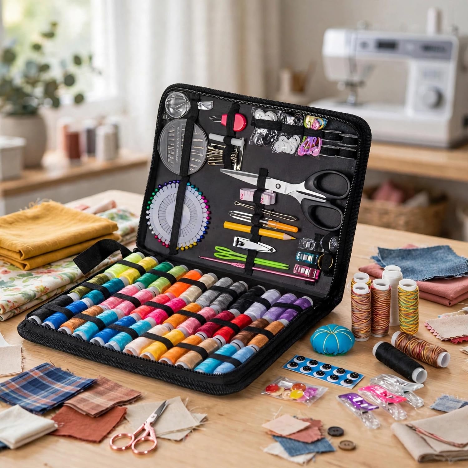 Kit de Costura Completo com 135 Peças Estojo Preto Premium Portátil com Alça, Linhas de Costura Coloridas, Agulhas, Tesoura,Costura Acessórios, Fita Métrica, Botões e Acessórios para Reparo