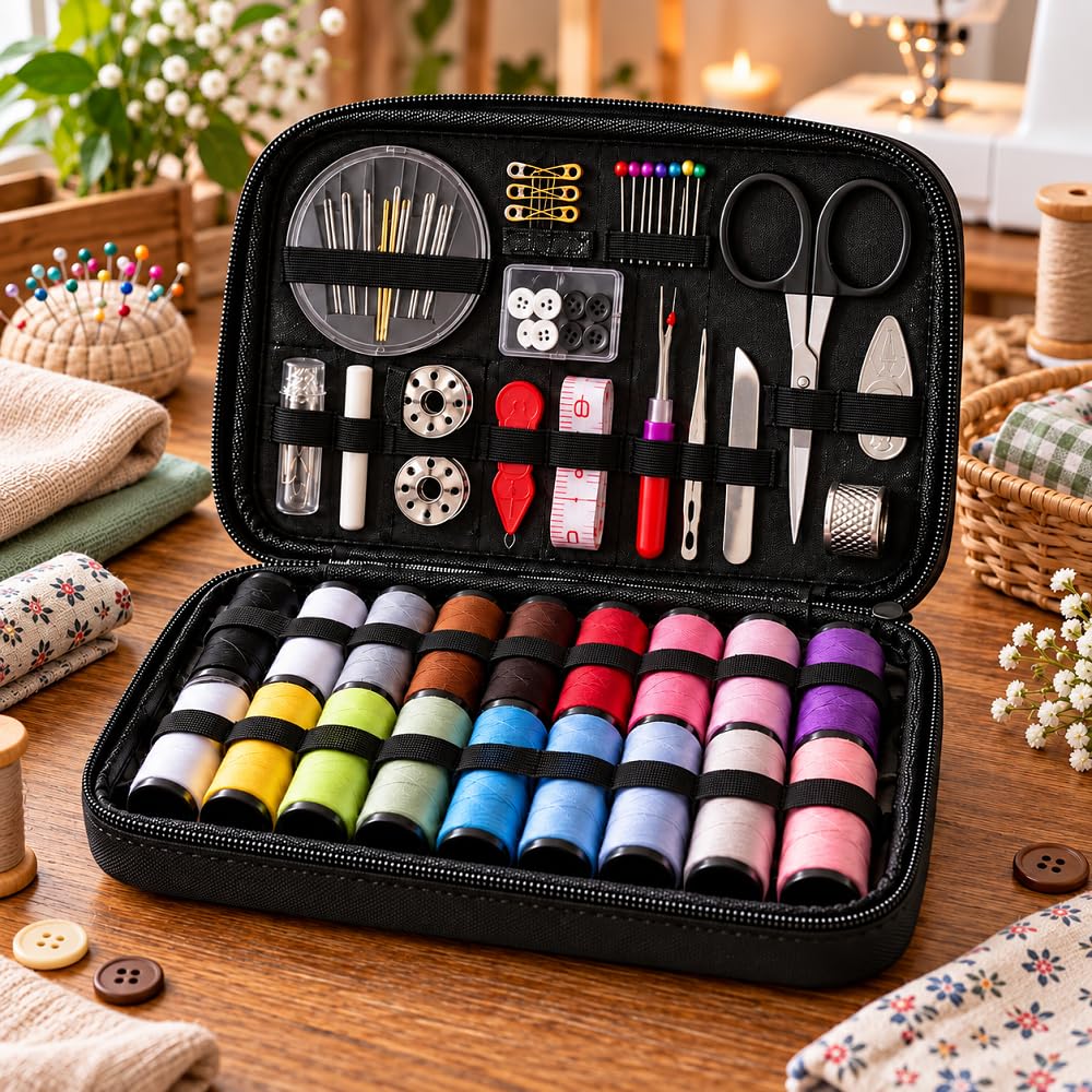 LSMI MARKET Kit de Costura Completo 96 Peças com Estojo Preto Portátil – Agulhas, Linhas Coloridas, Tesoura e Acessórios de Costura para Reparo de Roupas | Kit Costura Profissional para Casa, Viagem e Emergências