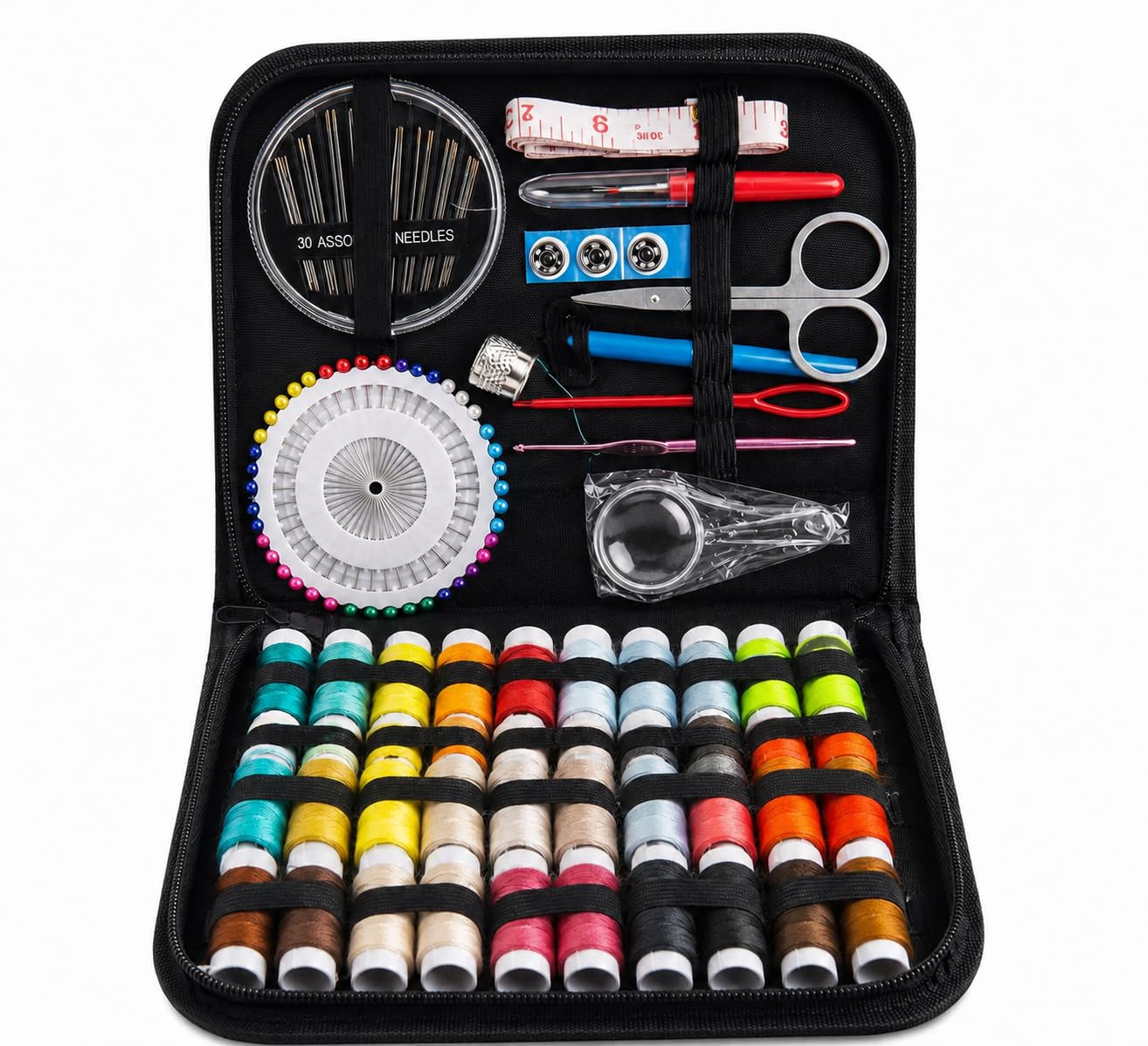 Kit de Costura Completo 128 peças Estojo Portátil com Zíper – Agulhas, Linhas Coloridas, Tesoura, Botões e Acessórios para Costura, Reparos Rápidos e Emergências