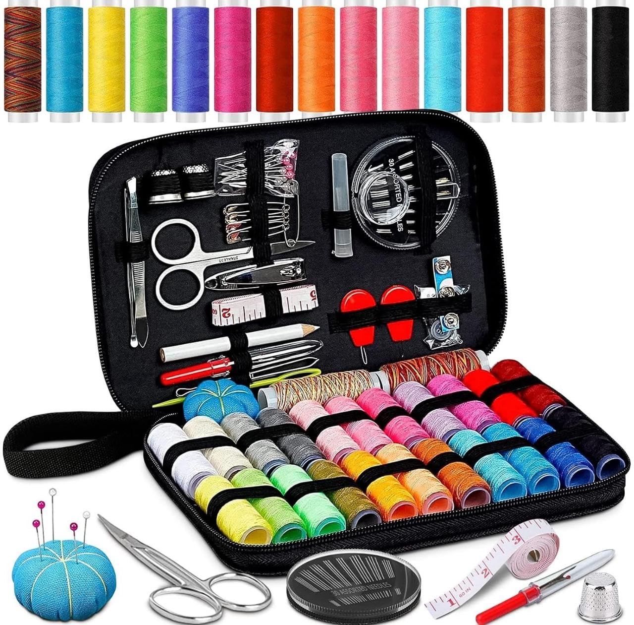 Kit de Costura E Linhas Completo C/ 96 Peças, para Reparo Com Estojo Preto Kit de Costura, Costura, Linha de Costura, Agulha de Costura