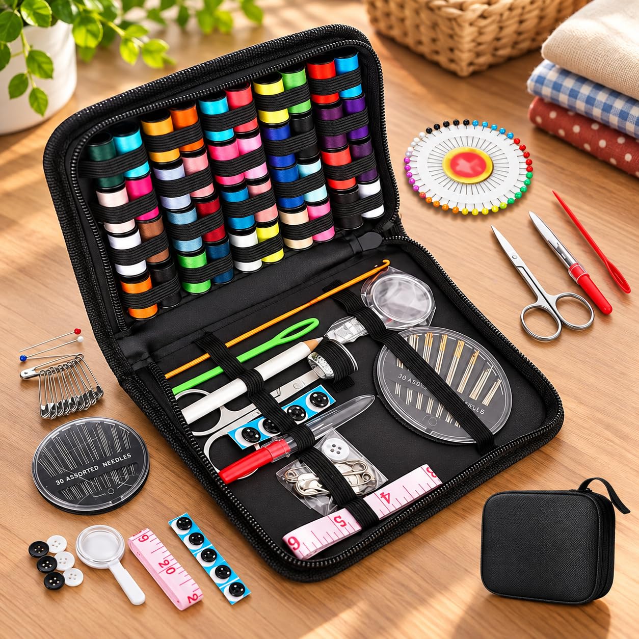 LNMAX Kit de Costura com Estojo Preto, Linhas, Agulhas e Acessórios 87Peças