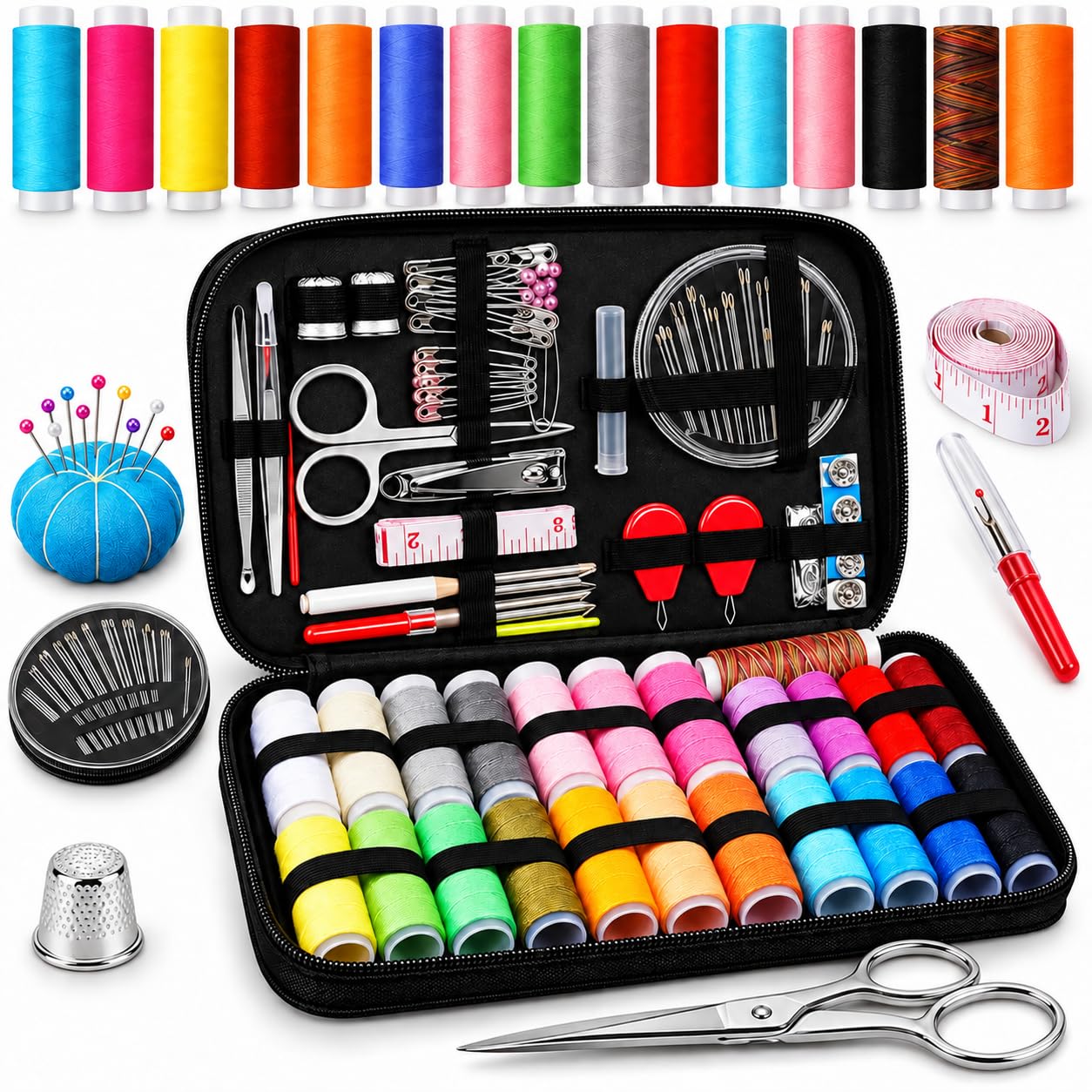 Kit de Costura 135 Peças com Estojo Organizador, Linhas, Agulhas, Tesoura e Acessórios para Reparos e Artesanato
