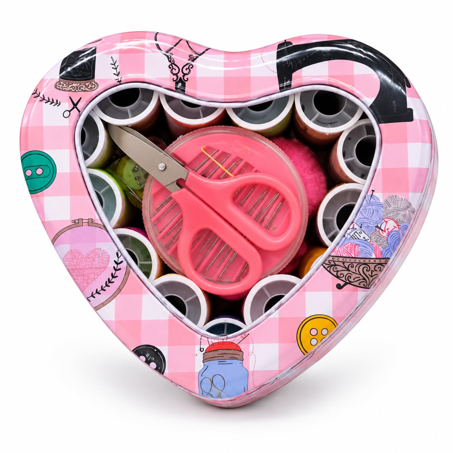 Kit de Costura 42 Peças com Estojo Metálico Coração e Acessórios - Rosa