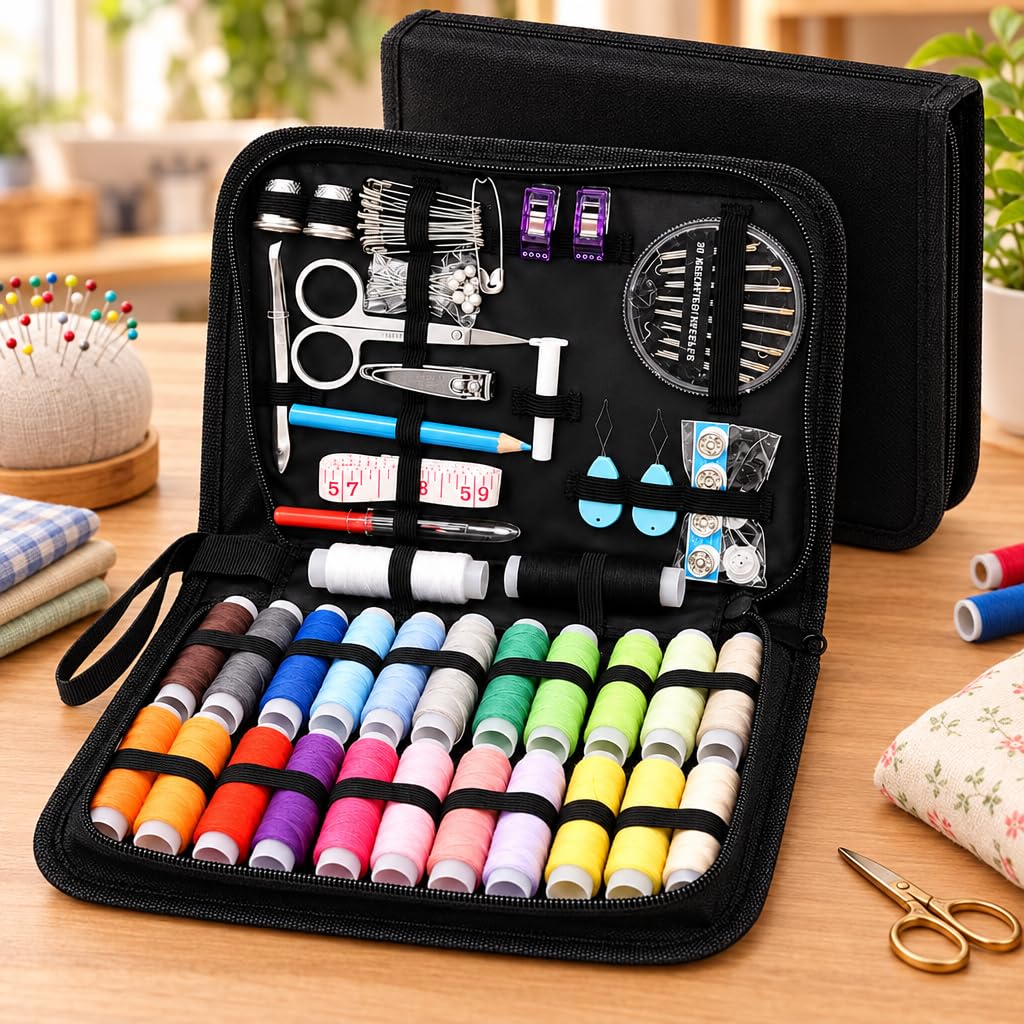 Kit de Costura Completo 90 Peças Profissional, Estojo Portátil Preto com Linhas Coloridas, Agulhas, Tesoura, Fita Métrica, Dedal e Alfinetes, Kit Costura para Casa, Viagem, Emergência e Iniciantes