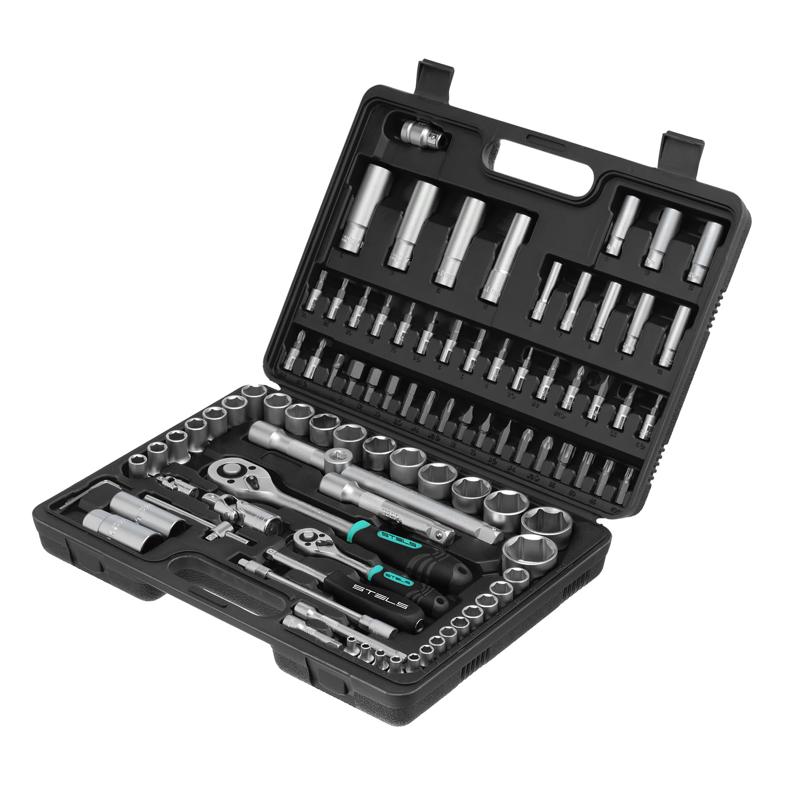 STELS Jogo De Soquetes 94 Peças Encaixe 1/4 E 1/2 Pol Em Aço Cromo Vanádio Com Catraca Reversível Emborrachada Extensões Chaves Allen E Bits Kit Completo Para Reparos Automotivos E Manutenção