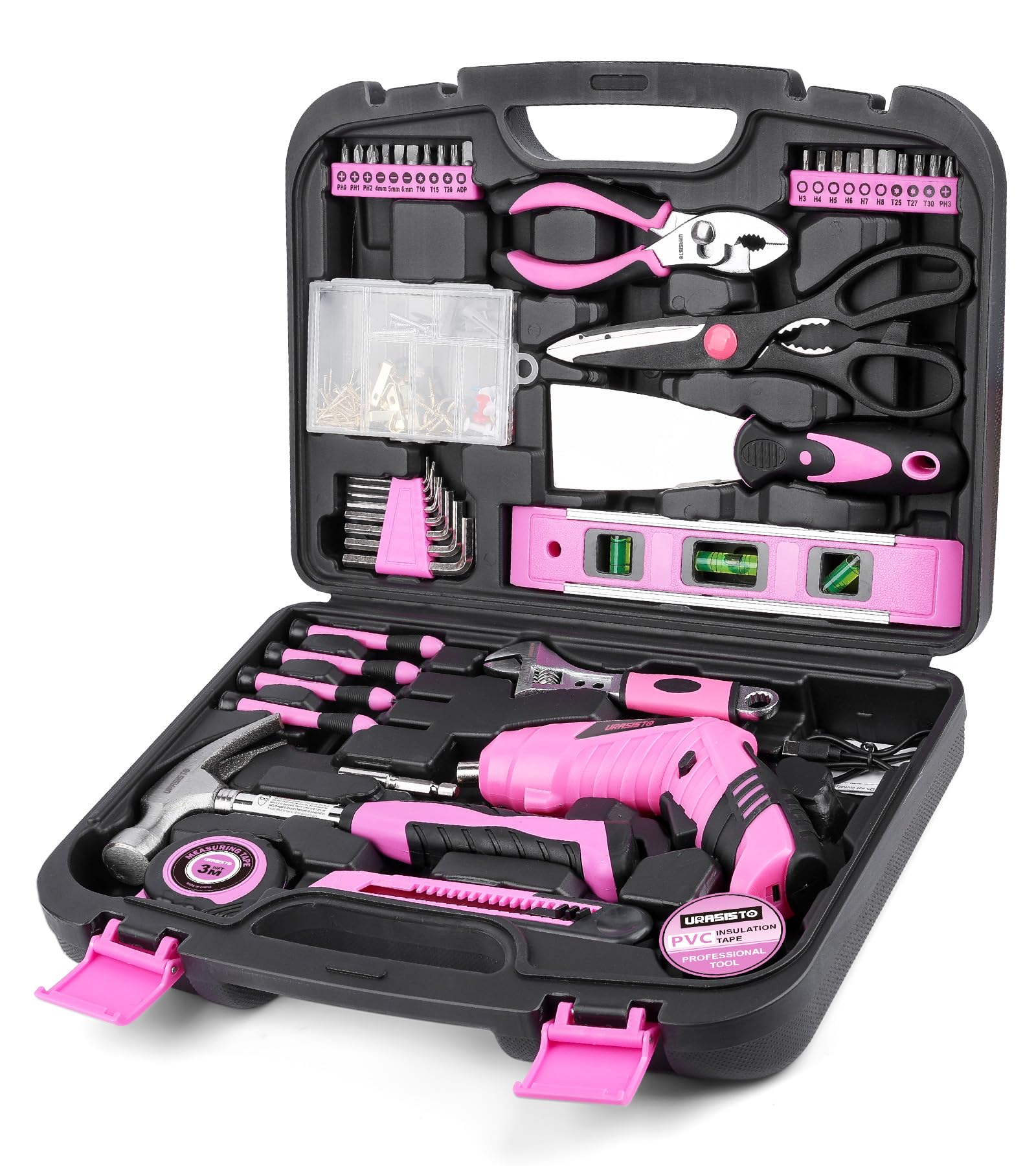URASISTO Conjunto de ferramentas domésticas rosa com chave de fenda elétrica USB de 3,6 V, kit de ferramentas domésticas de 136 peças com furadeira de íon de lítio sem fio, kits de ferramentas manuais
