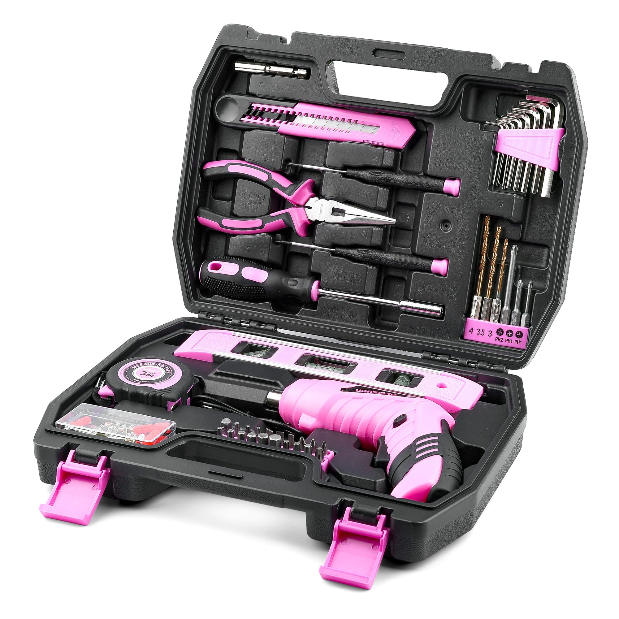 URASISTO Kit de Ferramentas Domésticas Rosa com 123 Peças com Parafusadeira Elétrica USB 3.6V, Kit de Ferramentas para Casa com Parafusadeira de Iões de Lítio Sem Fio, Kits de Ferramentas Manuais para