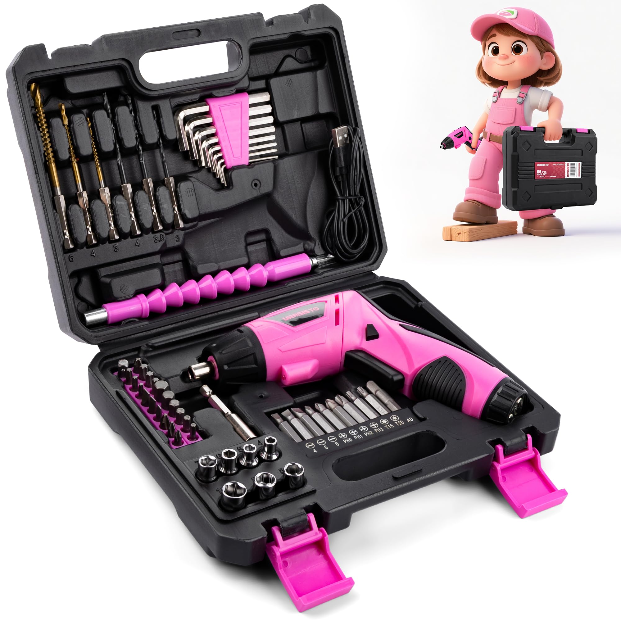 URASISTO Conjunto de chaves de fenda elétrica de potência real rosa de 55 peças, kit de ferramentas de furadeira elétrica sem fio USB de 3,6 V, kit de ferramentas manuais de mão real júnior para