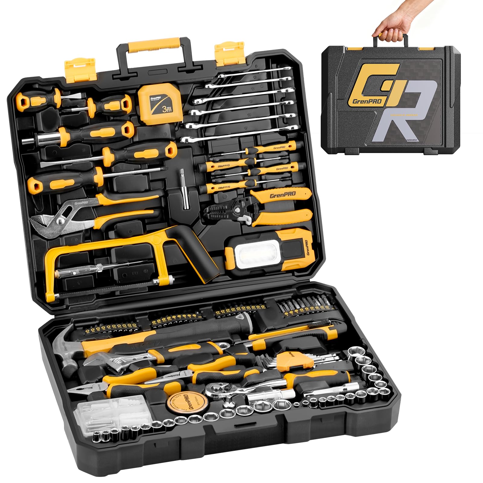 GRENPRO Kit de ferramentas de 218 peças para casa, caixa de ferramentas com conjunto de ferramentas manuais domésticas gerais, chaves inglesas, martelo, serra de arco, lâmpada de trabalho dobrável