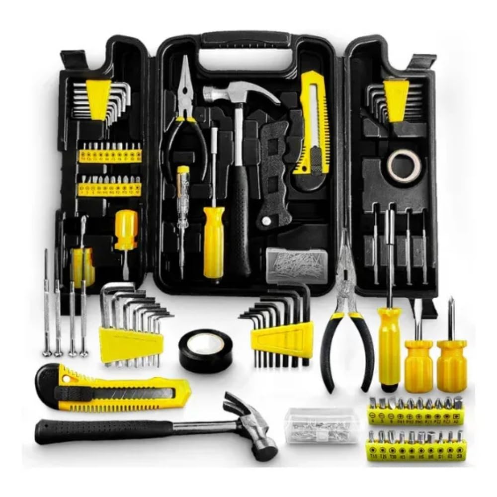 Kit de Ferramentas Profissional, 200 Peças, Preto e Amarelo, Maleta ABS Reforçada, 22x32cm, com Chaves Allen, Martelo, Alicate, Estilete, Bits, Chaves, Fixadores e Mais