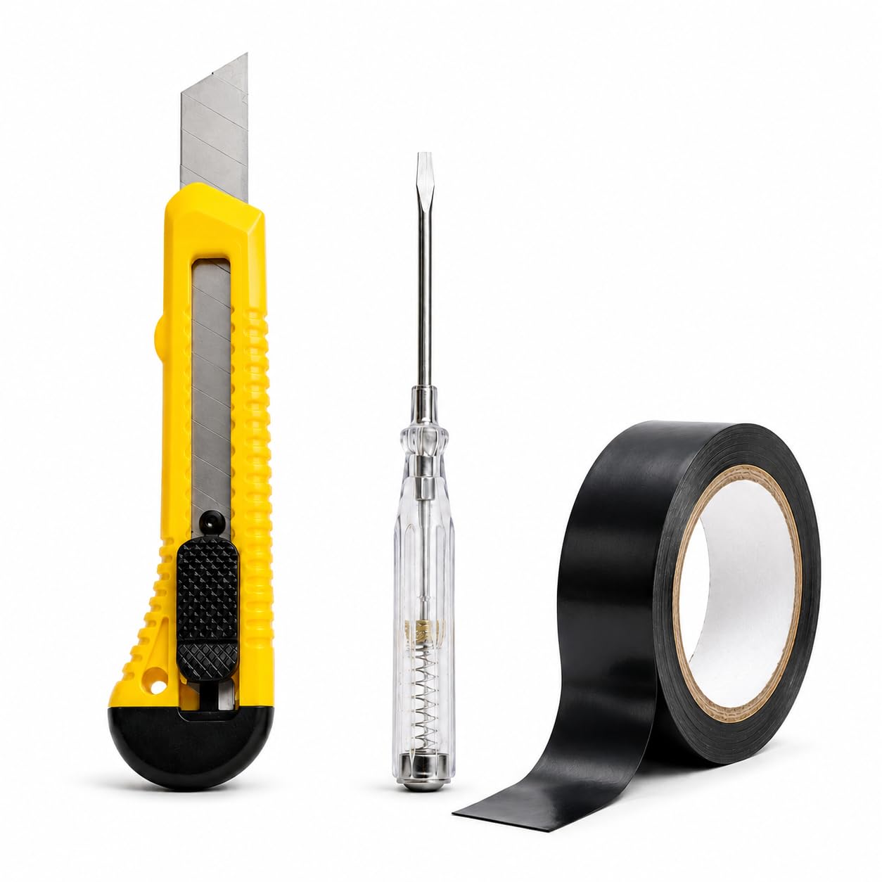 Kit de Ferramentas 3 Peças com Estilete Profissional Chave Teste de Tensão e Fita Isolante Kit Completo para Reparos Elétricos Manutenção Residencial e Uso Profissional