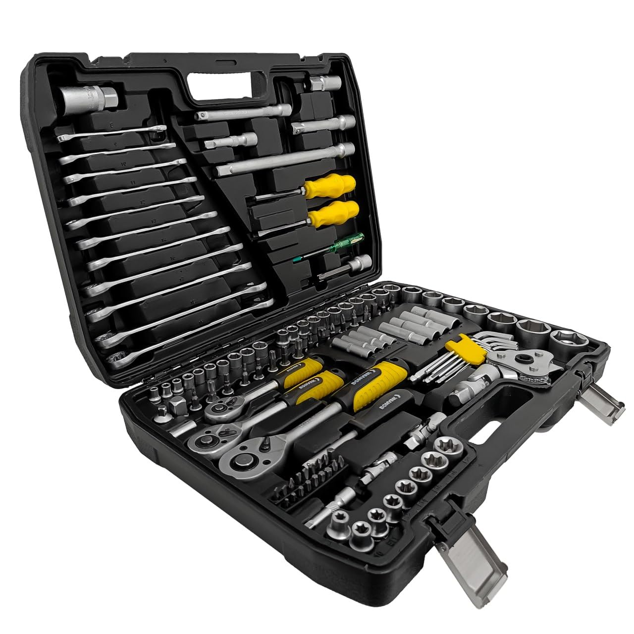 Kit de Ferramentas Profissional 124 Peças com Maleta Jogo de Soquetes 1/4", 3/8" e 1/2" Chaves Catraca, Extensões, Bits e Acessórios Aço Cromo Vanádio Para Mecânica Automotiva e Industrial