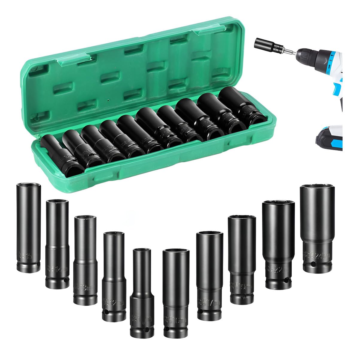 Jogo de Soquetes de Impacto 1/2” Profundos 10 Peças (8–24mm) em Aço Cr-V Alta Resistência – Alto Torque – Com Estojo Organizador – Automotivo e DIY