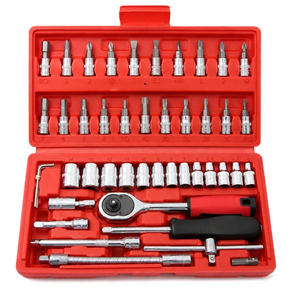 Kit 46 Peças Chave Catraca Jogo de Soquetes Allen Torx 1/4 e Extensão - Aço Cromo Vanádio com Maleta Profissional