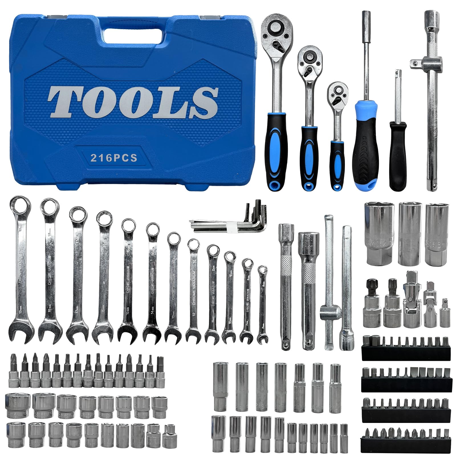 Kit de Ferramentas 216 Peças com Catraca Reversível, Soquetes em Aço Cromo Vanádio e Maleta Compacta, Jogo de Ferramentas Profissional para Reparos Automotivos