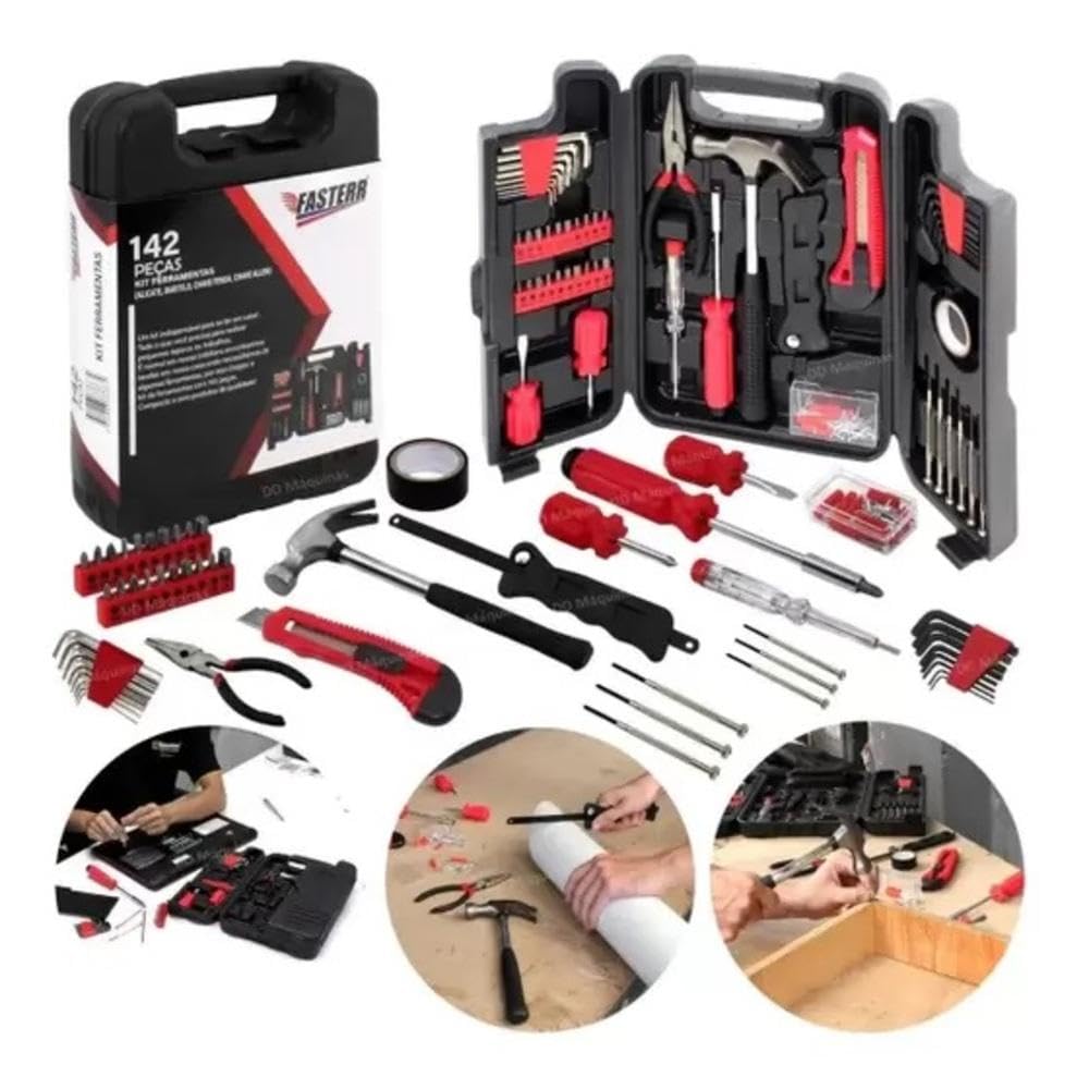 Kit de Ferramentas 142 Peças Completo com Maleta Chaves Soquetes Bits Martelo Alicate Multiuso Profissional Residencial