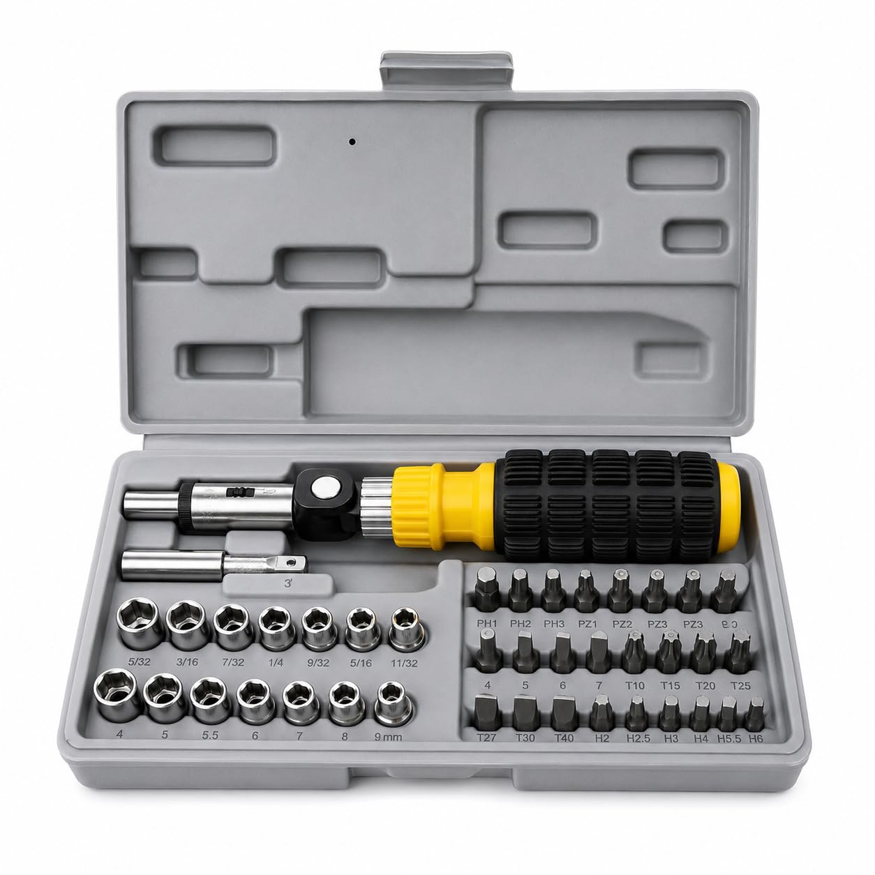Kit Chave Canhão com Catraca Reversível 41 Peças Soquetes Bits e Adaptador Jogo Completo Profissional com Maleta Ferramentas Manuais Resistente e Durável