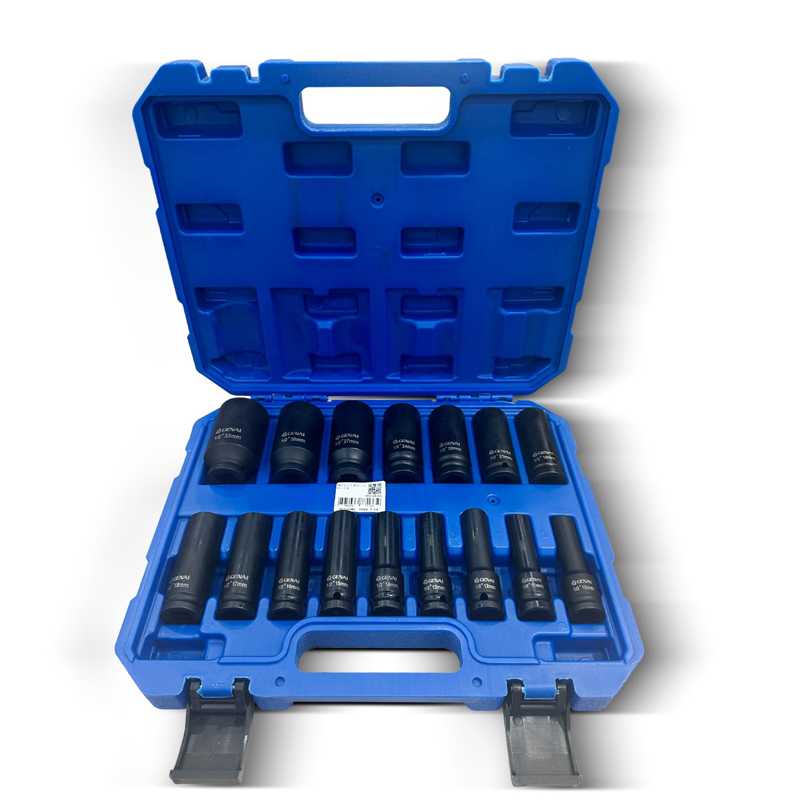 Jogo de Soquetes de Impacto 1/2" 16 Peças, 10-32mm com Haste de Extensão 78mm, Aço Cr-V 50BV30, Revestimento Anticorrosivo, Maleta de Armazenamento – Para Reparos Automotivos e Industriais