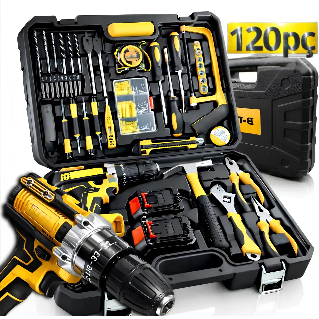 Kit de Ferramentas 120 Peças com Furadeira Parafusadeira 21V, 2 Baterias, 25+1 Níveis de Torque, LED, Maleta Resistente
